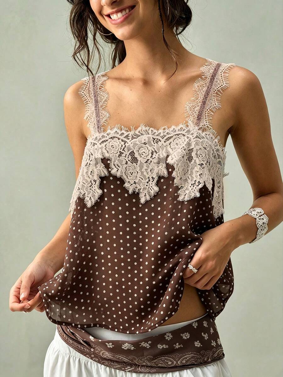 SHEIN 女款優雅蕾絲拼接雪紡波點透視背心,適合度假、海灘與假日穿搭 - 咖啡棕 - 查看 1