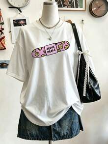 INAWLY Damen Sommer Lässig T-Shirt mit Buchstaben- und Skateboard-Muster, weiter Rundhalsausschnitt, Kurzarm, Damenshirt mit Grafik-Muster - Weiss - Übersicht 3