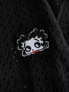 ROMWE MEN Betty Boop | ROMWE 美式復古 Betty 刺繡黑色鏤空針織開襟衫 男士夏季 Polo 領短袖外套上衣 - 黑色 - 查看 7