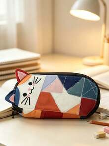 Patchwork Cat Pencil Case, Ins Kawaii Quilted Pen Bag, Portable Cute Stationery Storage Pouch For Girls Students Cat Lovers - Sets - View 7