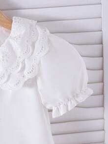 SHEIN Elladie kids 女童夏季休閒時尚荷葉花瓣袖短袖純色上衣，適合夏季休閒出遊，百搭單件上衣襯衫 - 白色 - 查看 8