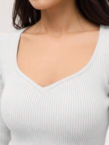 SHEIN Orluneo 女士休闲纯色罗纹针织修身长袖毛衣，秋冬 - 杏色 - 查看 7