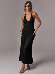 Athîral Women's Casual V-Neck Long Dress - Black - View 1
