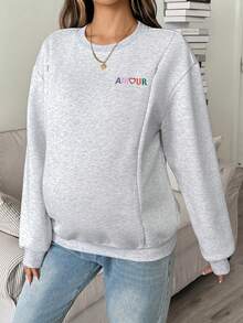 SHEIN Maternity Nursing Embroidered Long Sleeve Crew Neck Top, Casual Versatile Fall - Grey - View 7