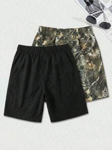 SHEIN 2件/組買1送1青少年男孩休閒葉子印花圖案短褲套裝，Y2K，夏季短褲，夏季，夏季服裝，適用於春季/夏季，外出，情人節，約會，旅行，度假，家庭聚會，返校，婚禮，晚宴，運動，生日派對 - 彩色 - 查看 4