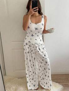 DAZY 女款夏季優雅蝴蝶印花上衣與寬腿睡褲套裝 - 黑與白 - 查看 5