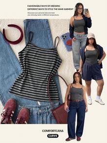 Comfortcana Plus Size Summer Casual Striped Cami - Black - View 7