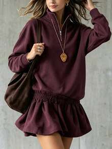 LUMIGAL Women's Solid Color Pleated Casual Versatile Daily Long Sleeve Sweatshirt Everyday Night Out Burgundy Autumn - Burgundy - View 5