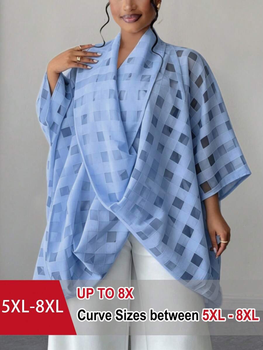SHEIN CURVE+ 加大码前扭领不对称下摆格子休闲衬衫 - 霧霾藍 - 查看 1