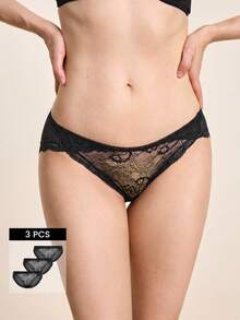 3 piezas Ropa interior de mujer cómoda con estampado de encaje, transparente y calada, sexy de cintura baja - Negro - Ver 1
