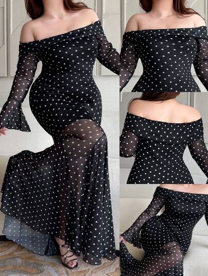 Vibekara Vestido de sirena ajustado con hombros descubiertos, lunares y mangas largas de trompeta - Combina estilo dulce y sexy, diseño vintage romántico de mangas largas de trompeta transparentes, adecuado para uso diario, fiesta de cumpleaños, fiesta de cóctel, invitada de boda, evento elegante de noche, cita romántica y reunión de Acción de Gracias, vestido largo negro/falda formal, también adecuado para disfraz de Halloween, vestido largo hasta el tobillo/suelo, adecuado para otoño/invierno