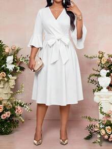 Fleurora Plus Size Elegant Party Solid Color Dress With Belt Fall - White - View 5