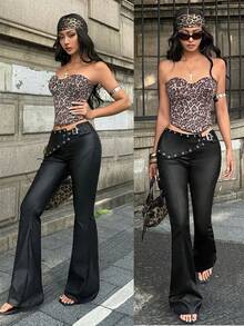 Jeanoix Y2K Women's Fashion Low Waist Skinny Flare Pants - Black - View 9