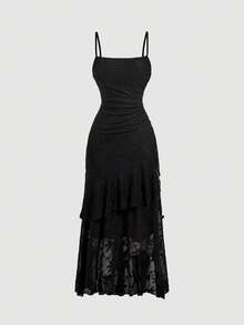 Skyraze Women's Elegant Ruched Waist Ruffle Hem Spaghetti Strap Dress - Black - View 4