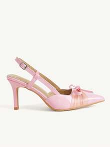 CUCCOO CHICEST French Retro Brown Satin Pointed High Heels Women, Bow Back Empty Stiletto Shoes, Socialite Banquet Shoes Fall Shoes - Pink - View 3