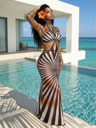 Slaydiva 2026 Robe de plage décontractée, élégante et sexy avec col unique, décolleté, taille nouée sur le côté et imprimé rayé. Style de robe de plage sexy