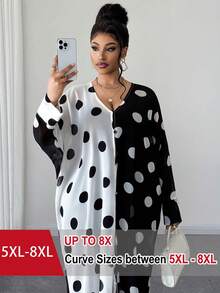 SHEIN CURVE+ Gaun Ukuran Besar Wanita Motif Polkadot Blok Warna Hitam Putih, Belahan Transparan, Lengan Kelelawar, Jahitan Seksi - MultiWarna - View 1