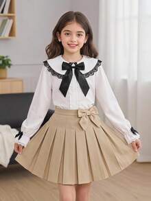 SHEIN 女童白色襯衫，彼得潘領泡泡袖夏季上衣，適合4-7歲，校園風返校派對穿搭，經典時尚校園風 - 白色 - 查看 5