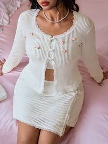CovetEZ Plus Size Women's 3D Floral Decor Long Sleeve Knit Cardigan And Skirt Set Date Night Cocktail Wedding Guest Dinner Formal Party White Autumn - White - View 1