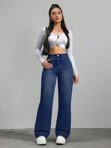SHEIN ICON 女款寬腿鬆垮休閒百搭牛仔褲，附口袋 - 深色水洗藍 - 查看 6