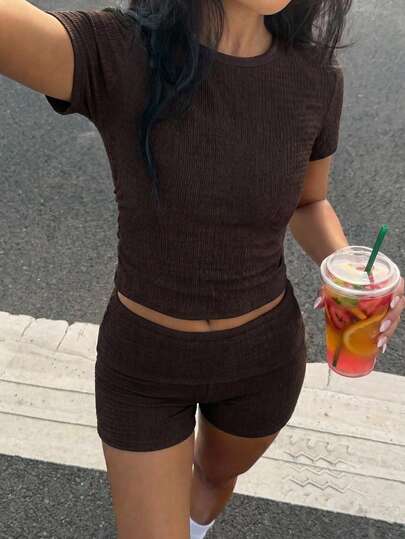 Teen Girl 2-Piece Set: Solid Gray Knit Crew Neck Pullover + Gray Shorts, Casual, Sporty Basic Summer Outfit