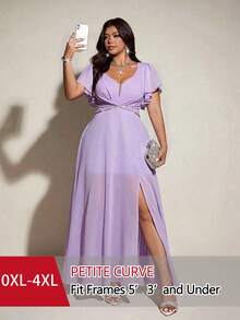 SHEIN PETITE CURVE 大码女士优雅浪漫V领短袖飘逸连衣裙，春夏款 - 紫色 - 查看 1