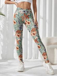 SHEIN Sports Women's Floral Print High Waist Daily Fitness Sports Leggings - Mist Green - View 3