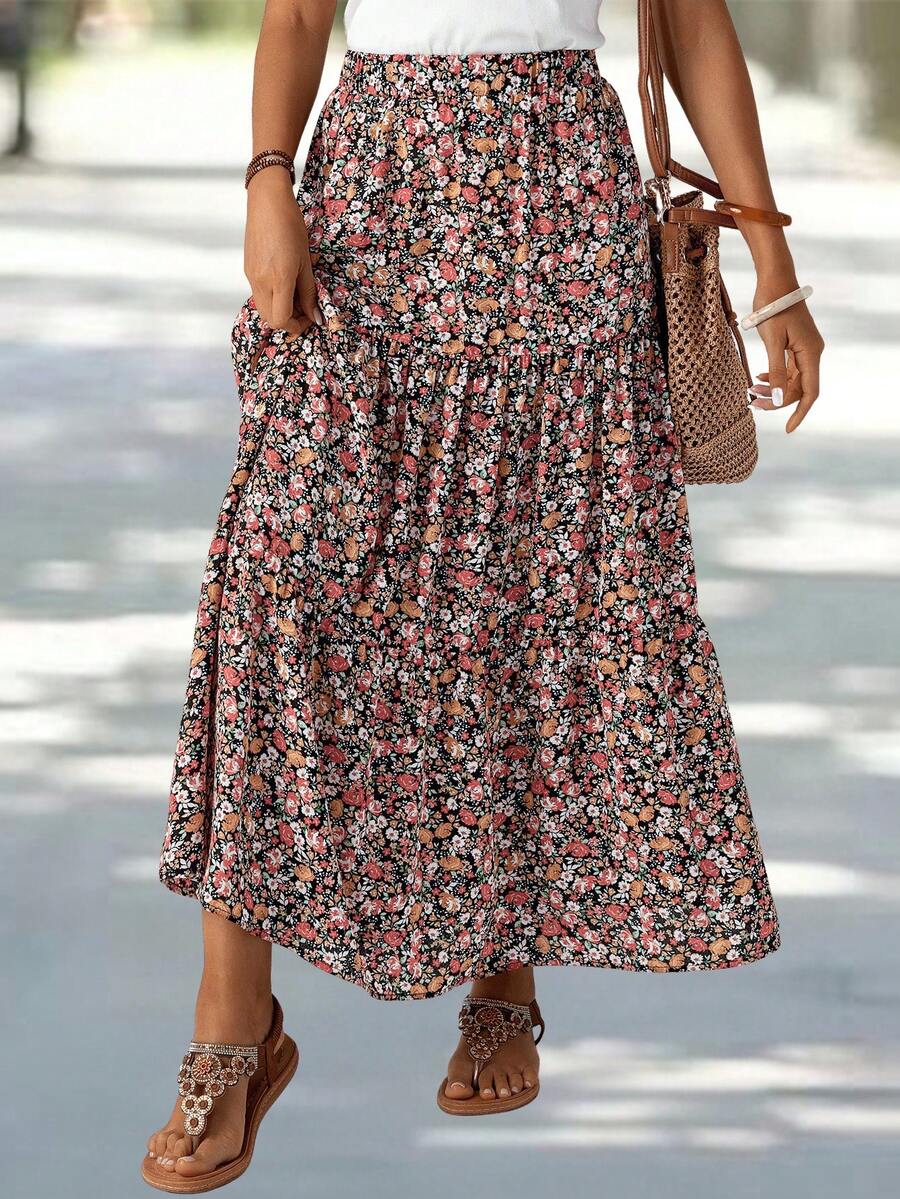 EMERY ROSE Women's Patchwork Floral Print Long Midi Skirt Summer Picnic Vacation Black Casual