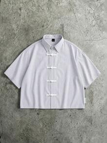 SUMWON Striped Short Sleeve Cropped Shirt With Chinese Frog Button Closure Collared Oversized Boxy Summer Top,Cropped Shirts For Men,Men Shirts For Summer - Light Grey - View 1