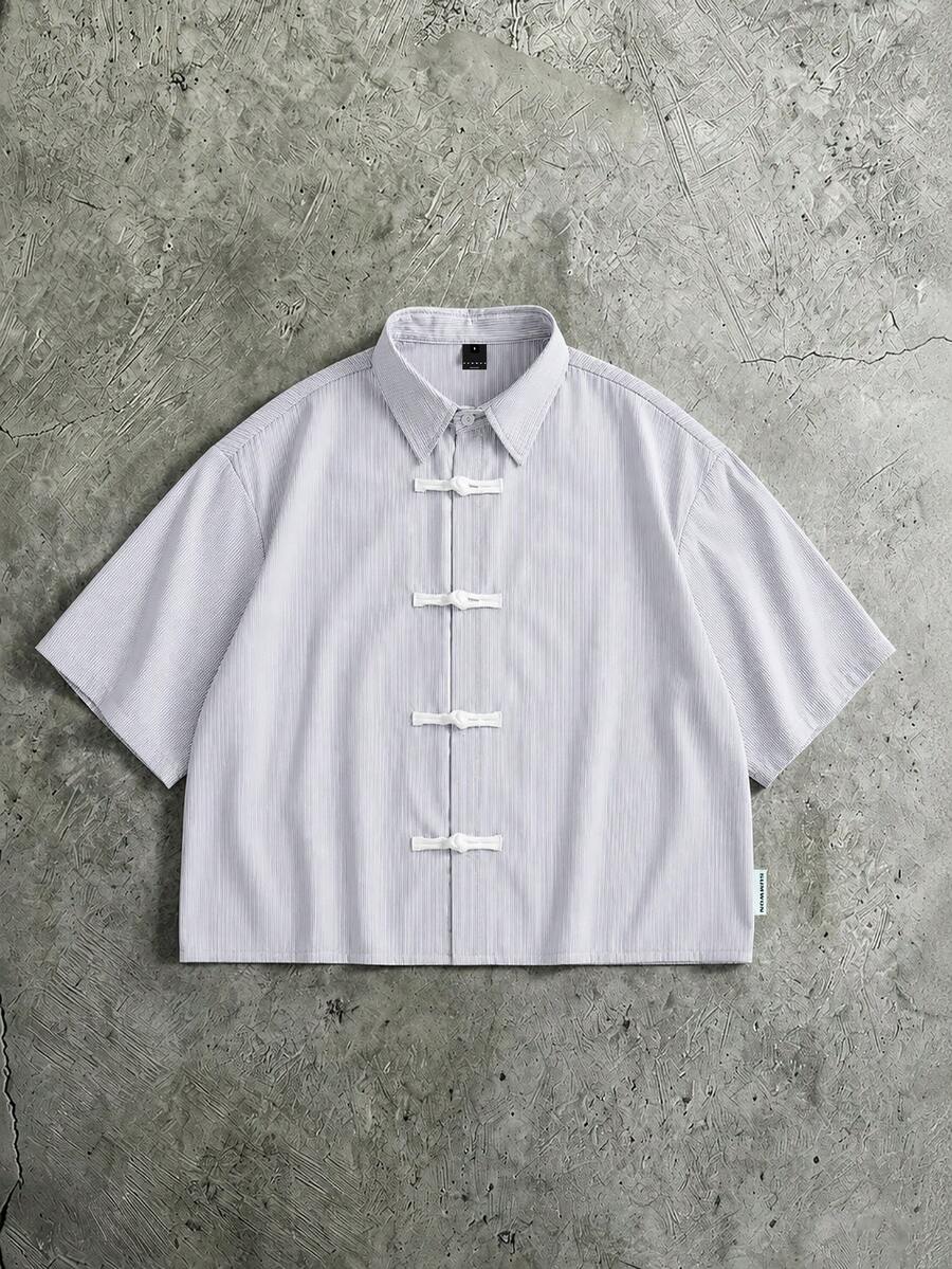 SUMWON Striped Short Sleeve Cropped Shirt With Chinese Frog Button Closure Collared Oversized Boxy Summer Top,Cropped Shirts For Men,Men Shirts For Summer - Light Grey - View 1