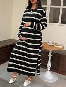 Dazy Maternity 拼色拼接圓領休閒寬鬆短袖長版孕婦洋裝，適合春夏穿著 - 黑與白 - 查看 4