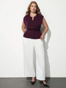 Maija Plus Size Women's Solid Color Casual Versatile Daily Knit Top - Burgundy - View 3