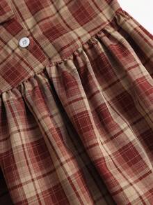 Sweetra Spring/Summer Fashion Design French Vintage Plaid Stand Collar Sweet Puff Short Sleeve Preppy Casual Commute Ruched A-Line Short Dress For Women - Burgundy - View 6