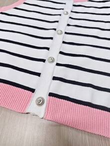 SHEIN Franclia Women's Plus Size Striped Round Neck Casual Versatile Sweater Vest Contrast Color Design Button Front Cardigan Winter - Pink - View 7