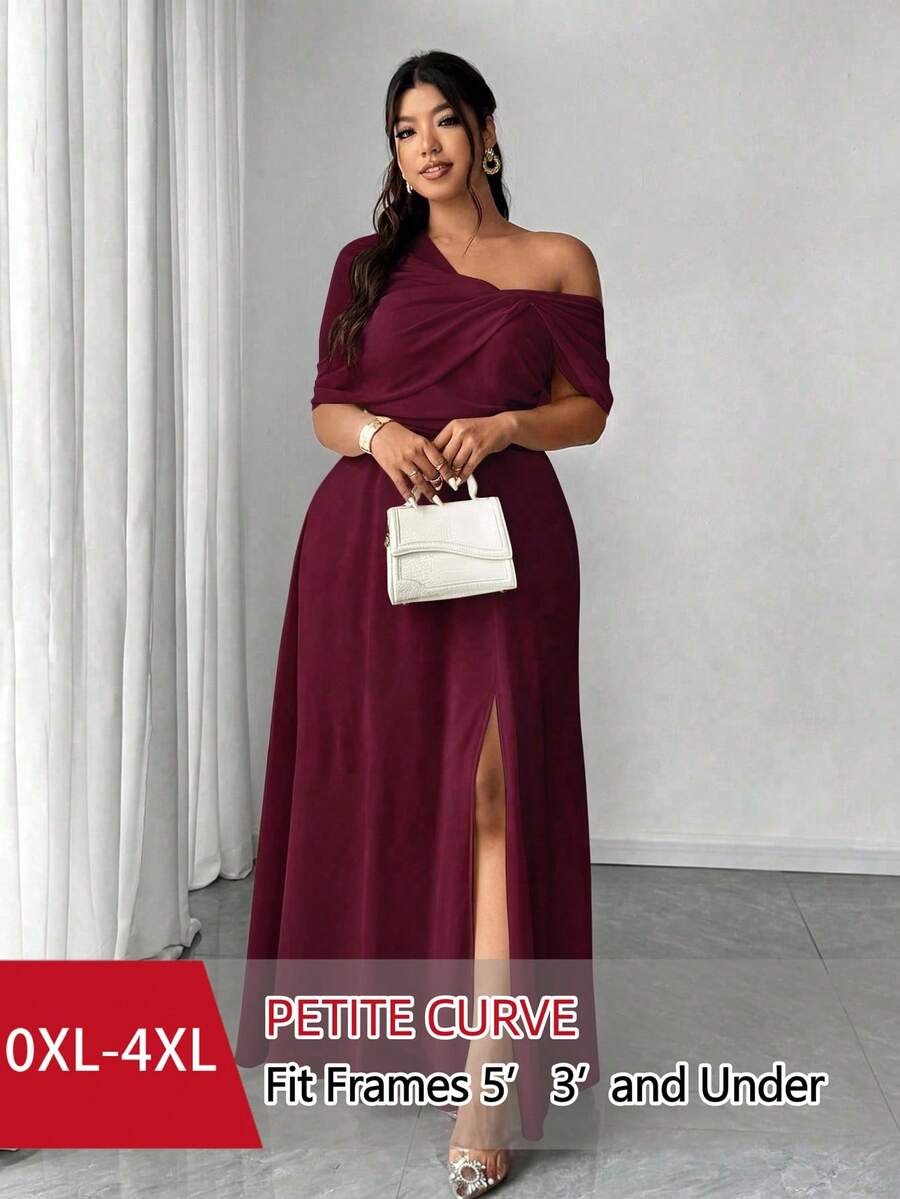 SHEIN PETITE CURVE 大尺碼女款短版春秋冬優雅浪漫婚禮賓客派對新年晚禮服 雪紡單肩開衩酒紅色洋裝 - 酒紅色 - 查看 1