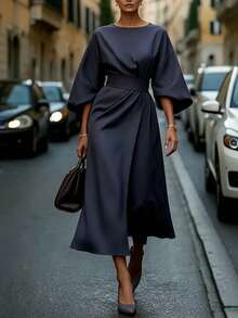 RosyDaze Women's Minimalist Solid Color Fashion Vintage Mid-Sleeve Dress - Blue - View 1