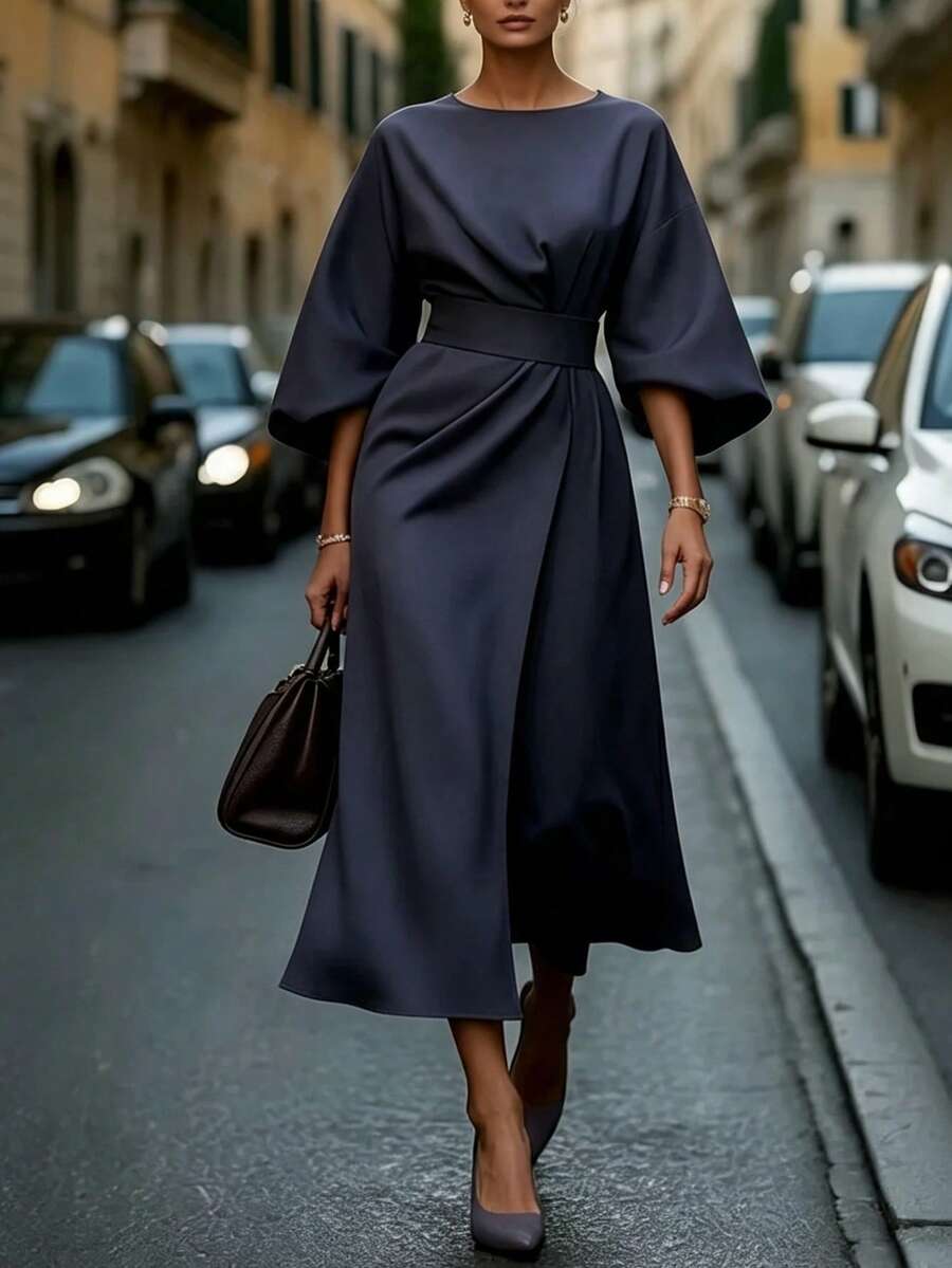 RosyDaze Women's Minimalist Solid Color Fashion Vintage Mid-Sleeve Dress - Blue - View 1
