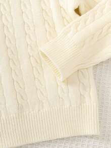 PrepCrw Kids Young Boy Knit Solid Color Cable Knit Crew Neck Casual Autumn Winter Sweater, Classic Stripes, Small Horse Logo - Beige - View 5