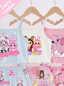 [Enviado al azar 1 set]Pijama para niñas preadolescentes de verano, nueva moda, lindo estampado de conejo de dibujos animados, top de camisola de punto con volantes y shorts con estampado integral, conjunto de 2 piezas, 1 set (enviado al azar) - Blanco - Ver 4