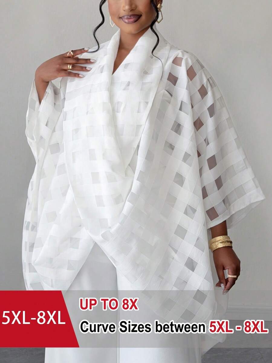 SHEIN CURVE+ 大尺碼女款白色前扭結半透明格紋休閒襯衫 - 白色 - 查看 1