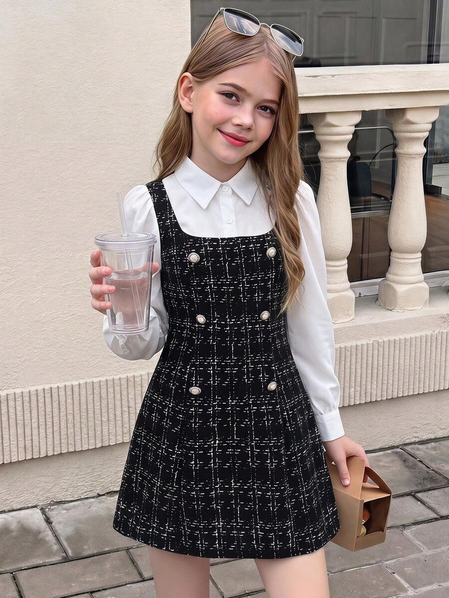 SHEIN Serisse Kids 青少年女孩秋冬休閒優雅針織拼接格紋雙排扣長袖二合一襯衫洋裝,復古學院風,適合返校與日常穿著 - 黑色 - 查看 1