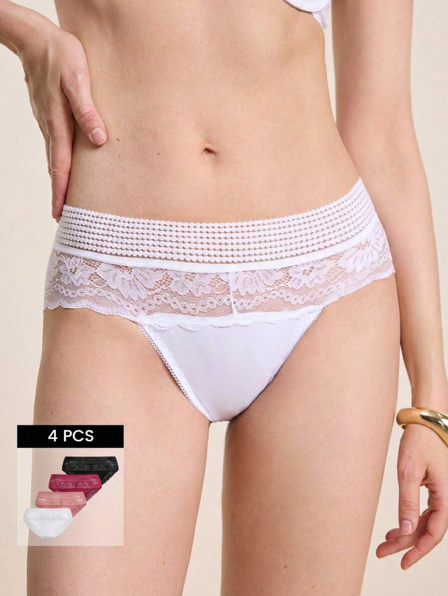 Hourtrue 4入組女式高腰蕾絲三角底褲，超柔軟透氣，舒適寬鬆腰帶，不緊不漏，性感蕾絲設計 - 彩色 - 查看 1
