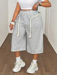 SHEIN CURVE+ Women's Plus-Size Summer Casual Sportswear Grey Sweatpants, Capri Design, White Chunky Rope Detailing, Suitable For Everyday Casual Wear, Versatile Item, Sportswear. - Grey - View 6