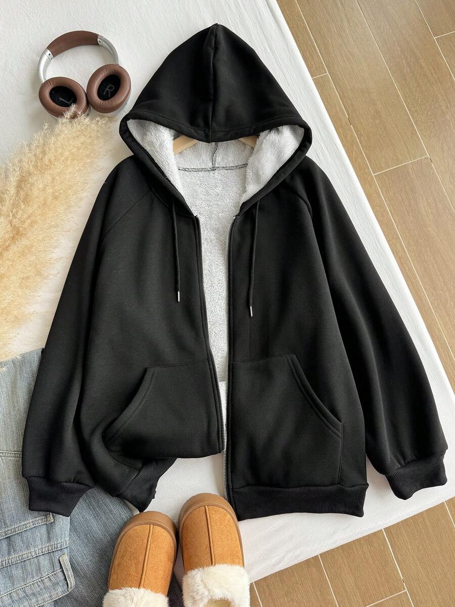 Comfortcana Sweatshirt Wanita Ukuran Besar Lengan Panjang Warna Polos dengan Resleting Depan dan Tali Serut Kasual - Hitam - View 1