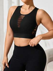 SHEIN Velisys Seamless Plus Size Hollow Out Sports Tank Top - Black - View 4