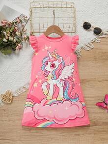 SHEIN Elladie kids 小女孩夏季休閒仙女公主卡通印花洋裝 嬰兒派對 7 歲生日 嬰兒粉色獨角獸生日 - 玫紅色 - 查看 5