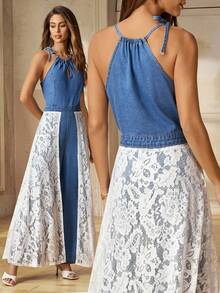 Selenza Mono de mujer casual de pierna recta con encaje y denim - Azul lavado medio - Ver 1