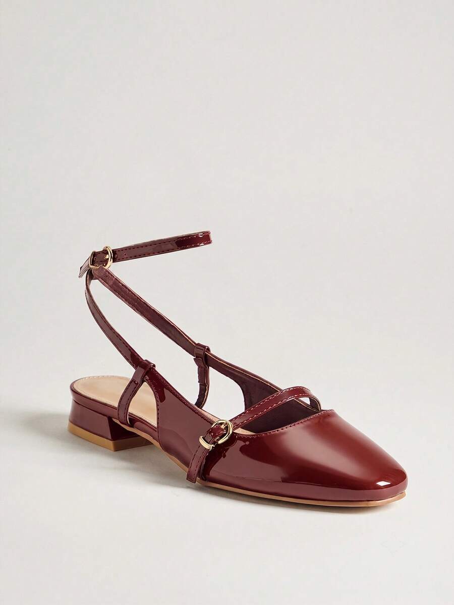 SHUZIA Women's Round Toe Ankle Strap Minimalist PU Ballet Flats – Comfortable, Versatile & Classic Essential Mother's Day Present - Burgundy - View 1