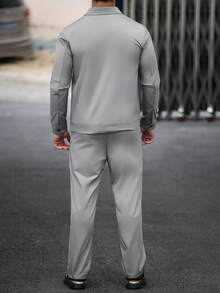 Manfinity CasualCool 男士休閒素色拉鍊夾克套裝，灰色，兩件套 - 深灰色 - 查看 2