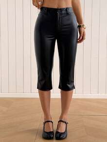SHEIN EZwear 女款純色PU皮革休閒百搭日常穿搭七分褲 - 黑色 - 查看 7
